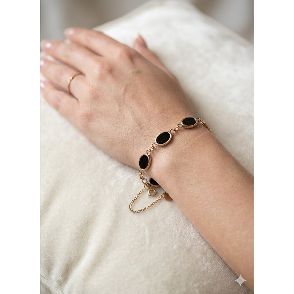 Vintage 12K Gold Filled Black Onyx Oval Link Bracelet Antique Co MidCentury Glam